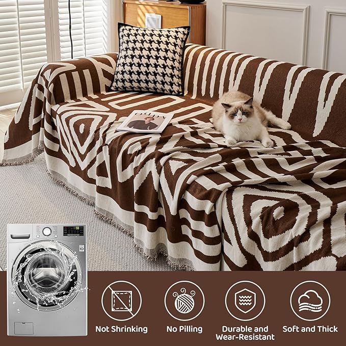 STACYPIK Sofa Covers Decorative, Boho Couch Cover for Sectional, Chocolate Sofa Protector for 3 Cushion Couch, Multi-Use Sofa Cover for Dogs with Tassles, Washable Sofa Slipcover for Loveseat-71X134IN