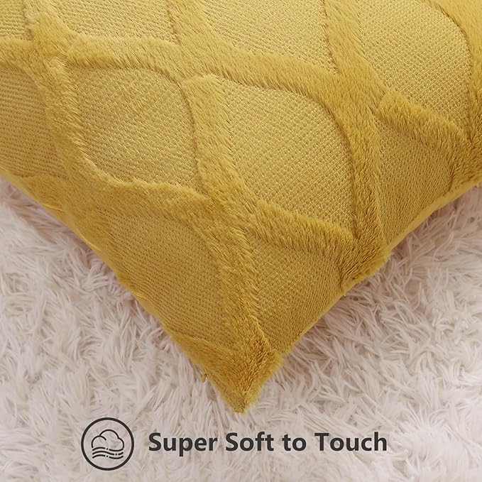decorUhome Fall Throw Pillow Covers 22x22 Inch Set of 2, Soft Plush Faux Fur Wool Mustard Yellow Couch Pillow Covers, Decorative Neutral Pillow Cases for Bed Sofa Living Room Home Decor