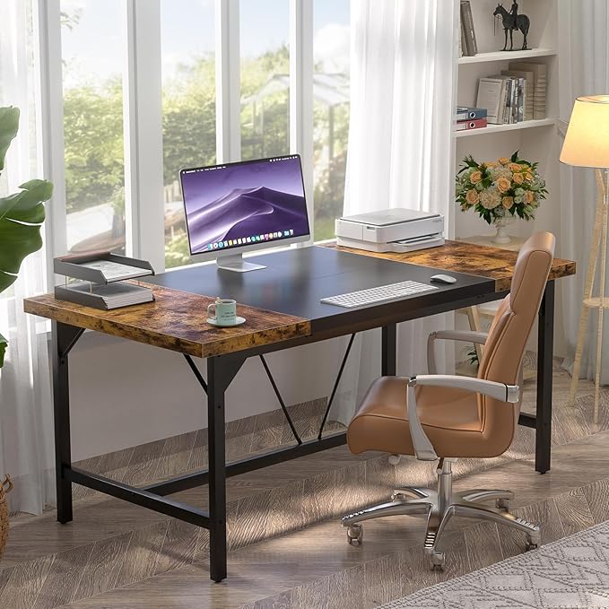 Unikito Large Computer Desk, 63 x 31.5 Inch Long Office Desks, Premium Sturdy 2 Person Desk, 1.4” Thick Study Writing Table, Modern Laptop Computer Table for Home Office Workstation, Rustic Brown