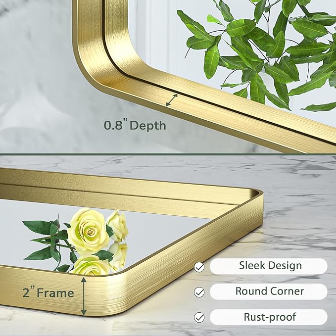 TokeShimi 16x24 Gold Bathroom Wall Mirror Vanity Metal Frame Round Corner Rectangular for Home Decor Living Room Entryway (Horizontal/Vertical)