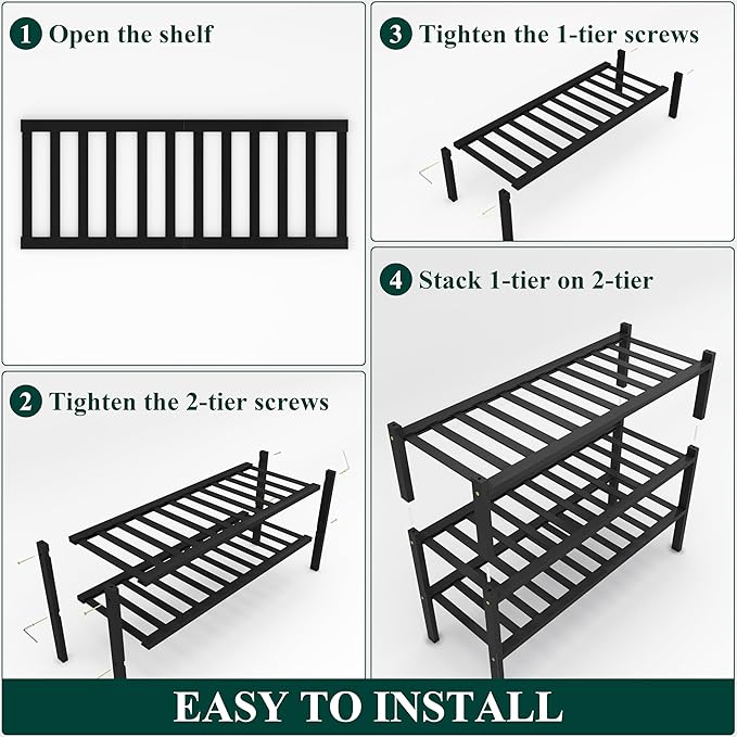 Smiry Shoe Rack, 3 Tier Bamboo Shoe Organizer, Stackable Free Standing Wooden Shoe Storage Shelf for Closet, Entryway, Front Door Entrance, Black