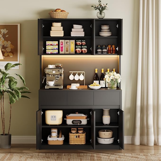 Garvee Kitchen Pantry Storage Cabinet, Tall Storage Cabinet with Doors and Shelves, Kitchen Storage Hutch with Microwave Stand, Led Lights and Charging Station,Corner Pantry Cabinet,Black