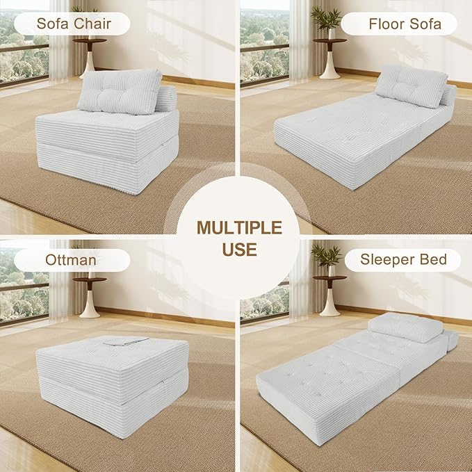 ANONER Folding Sofa Bed, Versatile Convertible Sleeper Chair with Pillow, Futon Fold Out Chair Bed, Memory Foam Chaise Lounge, Cozy Floor Couch for Living Room and Bedroom, Beige