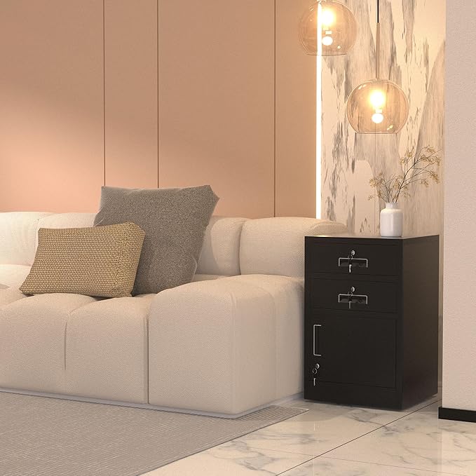 Metal Storage Cabinet with Locking Door and 2 Lockable Drawers for Home Office Bedroom Living Room (Black)