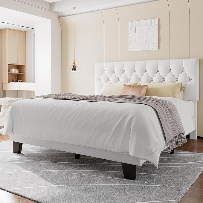 Feonase Velvet Queen Platform Bed Frame with Button Tufted Headboard, Upholstered Bed with Wooden Slats Support, No Box Spring Needed, Easy Assembly, Noise-Free, White