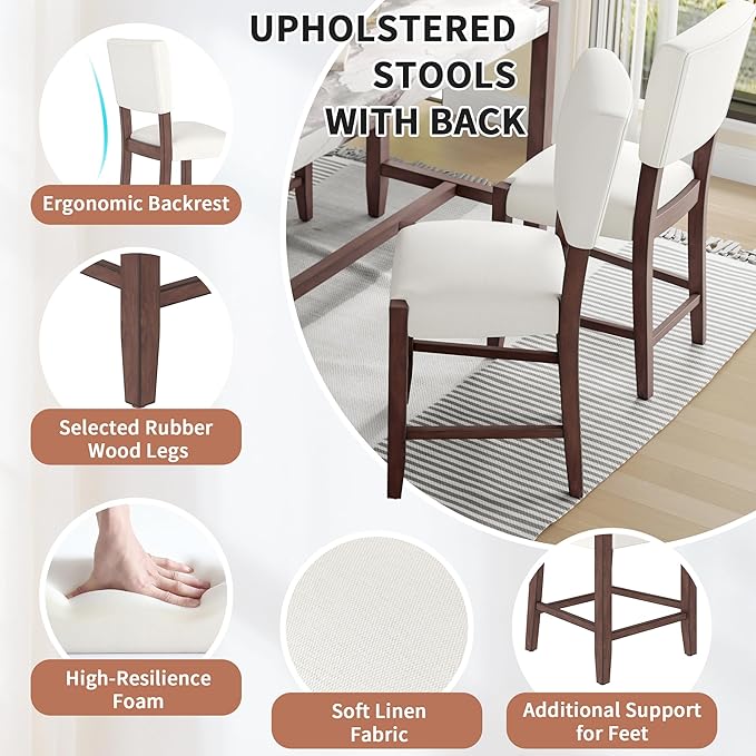 Ball & Cast 5-Piece Dining Table Set for 4,Kitchen Table Set W/Faux Marble Bar Table,Counter Height Living Room Furniture W/ 4 Upholstered Chairs,for Dining Room,Pub Kitchen,Small Place,Beige+White