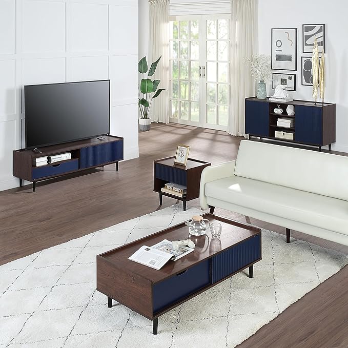 Manhattan Comfort Duane Modern Ribbed 55 Inch TV Stand with 1 Drawer, 2 Shelves, Sliding Door, and Wire Management, Mid-Century Style Entertainment Center and Media Console for Living Room, Navy Blue