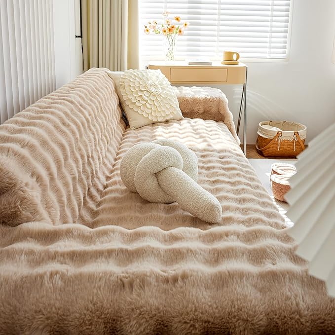 Thick Faux Rabbit Fur Couch Cover 1-Piece Non-Slip Warm Soft Cozy Sofa Covers,Fluffy Plush Sofa Slipcover Furniture Protector for Kids,Pets(Khaki,71" x 118")
