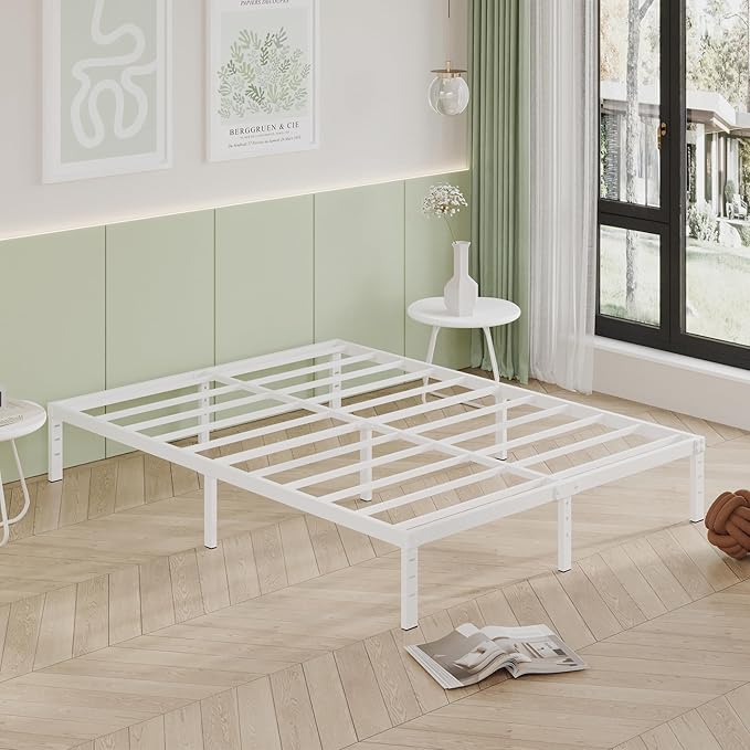 12 Inch Bed Frame Queen Size, Heavy Duty Steel Queen Bed Frame No Box Spring Needed, Mattress Foundation, Easy Assembly, Noise-Free,White