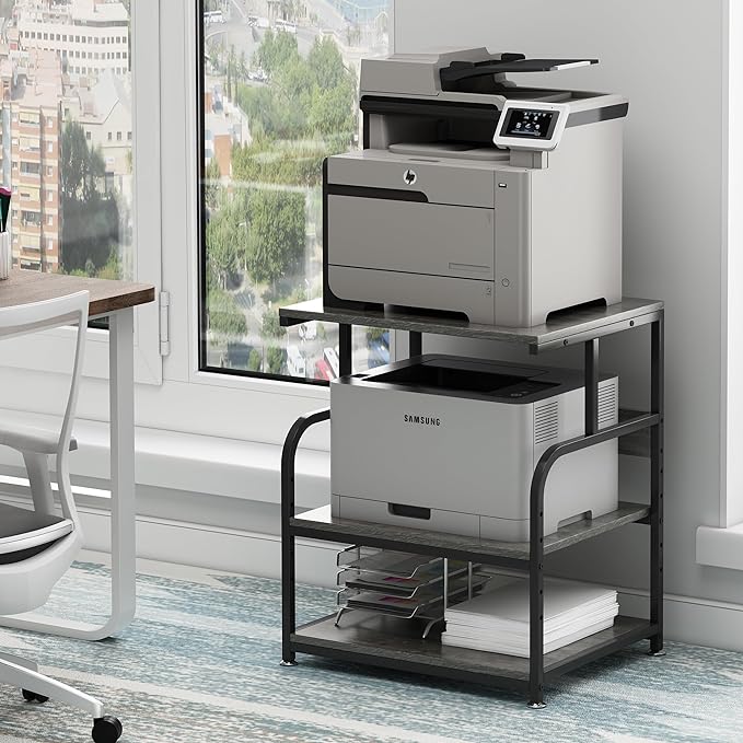 Large Printer Stand Table 23.6 x18.9 x 30 Inches with Height Adjustable Storage Shelf, 3 Tier Rolling Printer Cart with Wheels for Home Office, Gray