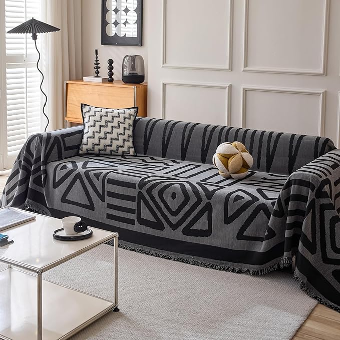 HANDONTIME Boho Geometric Couch Covers for Sofa Pet Friendly Dark Grey and Black Sofa Covers Washable Chenille Couch Blanket Cover for 2 Cushion Couches Pet Protector Furniture Cover Soft, 71" X 118"
