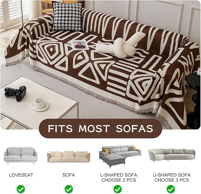 STACYPIK Boho Chocolate Beige Sofa Cover Anti-Slip Reversible Couch Cover for 2 Cushion Couch Soft Chenille Armchair Slipcovers L Shaped Cover for Sectional Furniture Protector for Kids Dogs-71X90IN