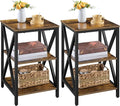 Yaheetech Industrial End Tables Set of 2, 3-Tier Side Tables with Storage Shelves for Living Room, X Design, Strong Metal Frame, Easy Assembly, 16x16x24.5 in, Rustic Brown
