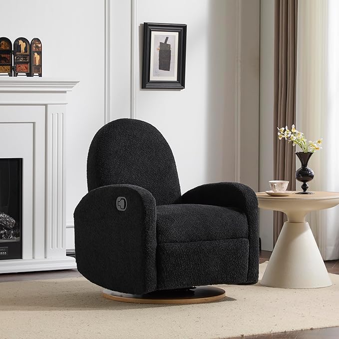 Christopher Knight Home Sidney Fabric Upholstered 360° Swivel Chair, Boucle Push-Back Recliner, Solid Wood Glider Recliner with Rotation, Living Room Lounge Sofa, Adjustable Comfy Reading Chair,Black
