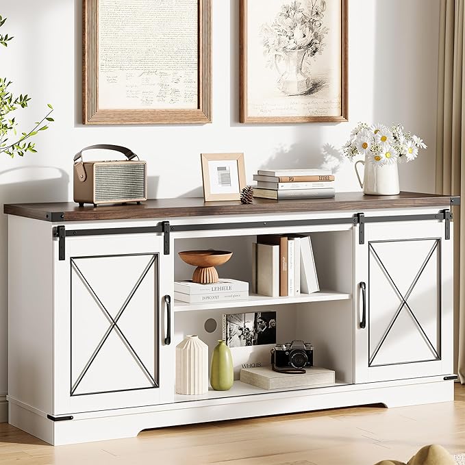 CABIHOME Farmhouse TV Stand and Entertainment Center for TV Up to 65 Inches with Sliding Barn Doors, TV Media Storage Console Table and Furniture for Living Room, Bedroom, White & Brown