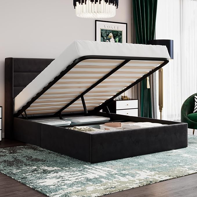 SHA CERLIN Full Size Lift Up Storage Bed/Velvet Upholstered/Modern Wingback Headboard/Upholstered Platform Bed Frame/Hydraulic Storage/No Box Spring Needed/Black