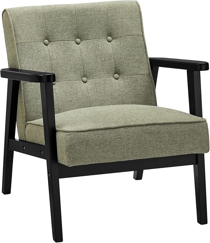 SONGMICS Accent Leisure Chair, Mid-Century Modern Arm Chair with Solid Wood Armrests and Legs, 1-Seat Cushioned Sofa for Living Room Bedroom Balcony Studio, Olive Green ULAC001C01