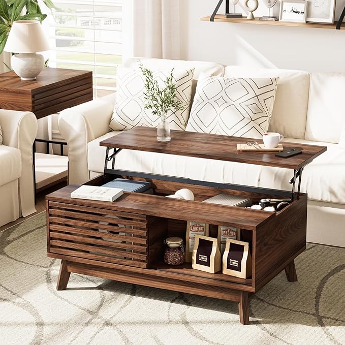 HAIOOU Lift Top Coffee Table, Mid Century Modern Coffee Table with Storage for Living Room, Walnut Coffee Tables with Sliding Fence Door, 35.4'' Rectangular Fluted Center Table (Brown)