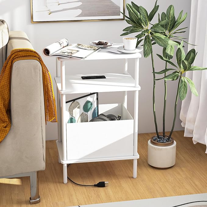 Small Side Table with Charging Station, Set of 2 End Table for Small Spaces, Slim Nightstand with Outlet,Sofa Beside Table, 3-Tier Storage Shelf,Living Room, Bed Room, Natrual White
