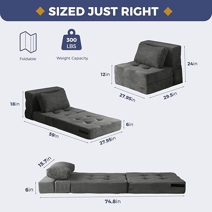 MAXYOYO Convertible Sofa Bed, Fold Out Single Sleeper Sofa with Pillow, 4 in 1 Tufted Folding Couch Bed Foam Floor Couch, Lazy Chair for Living Room Bedroom Guest Room, Dark Grey