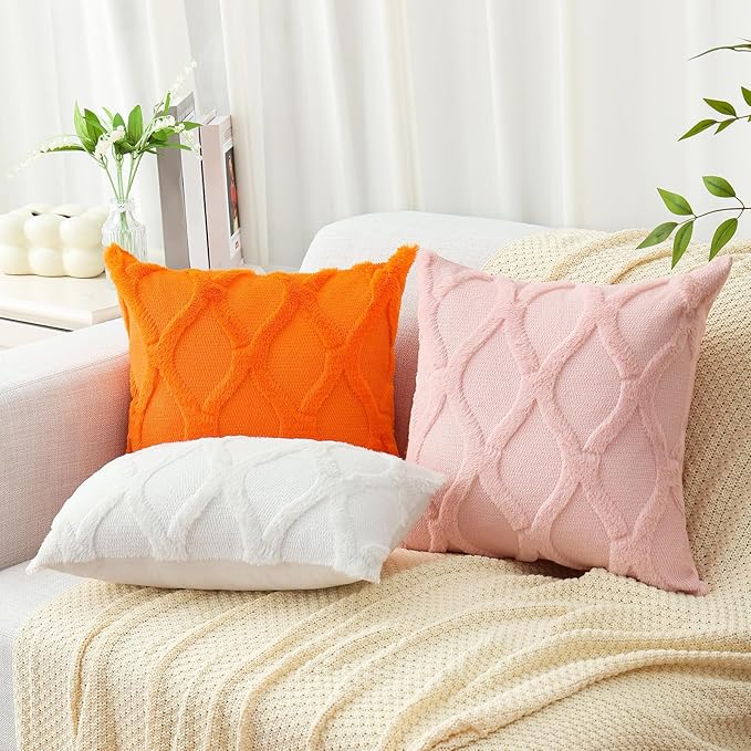 decorUhome Throw Pillow Covers 24x24 Inch Set of 2, Soft Plush Faux Fur Wool Light Pink Couch Pillow Covers, Decorative Neutral Pillow Cases for Bed Sofa Living Room Home Decor