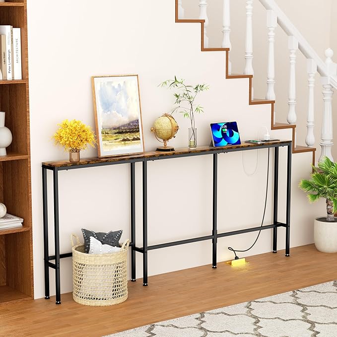 GRLEAF L Shaped Narrow Console Table with Outlet, 78" Sofa Tables Narrow Long, Behind Couch Table, Skinny Entryway Tables with Charging Station,for Living Room,Hallway (Rustic Brown,78IN)