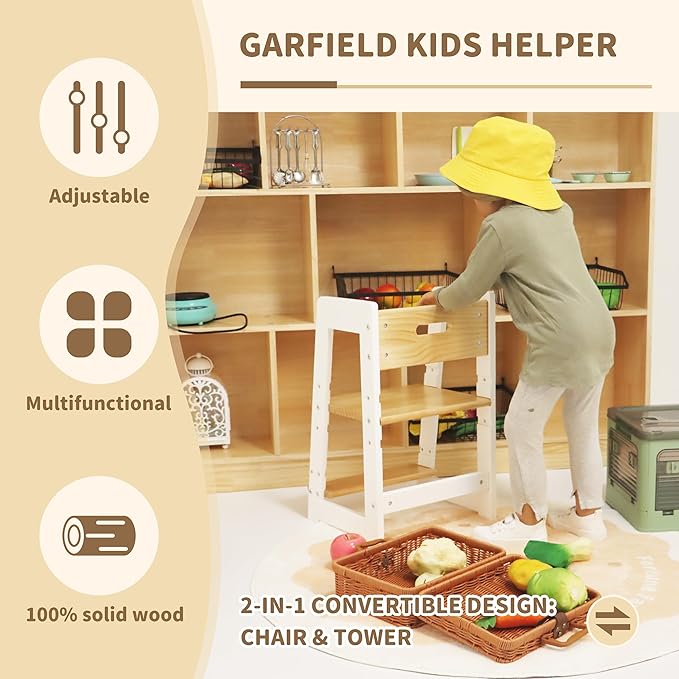 Damoch Family® Compact Toddler Chair & Wooden Step Stool with Adjustable Height – Montessori-Inspired Learning Helper for Kids’ Daily Routines in Kitchen & Bathroom