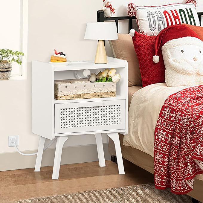 Lerliuo Rattan Nightstands set of 2 with Charging Station, Side Table with Drawer Open Shelf, Cane Accent Bedside End Table with Solid Wood Legs, Night Stand for Bedroom, Dorm and Small Spaces (White)