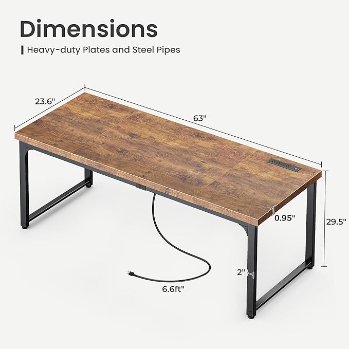 Huuger 63 x 24 inch Desk with Power Outlets & USB-C, Deeper & Thicker Desktop, Robust Metal Tubes, Computer Desk, Heavy Duty Office Desk, Work Gaming Desk, for Home Office, Rustic Brown