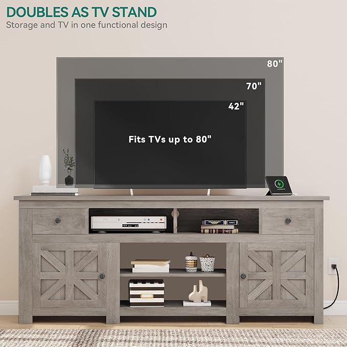 YITAHOME TV Stand for 75/80 Inch TV, Farmhouse Entertainment Center with Storage, 70 Inch TV Cabinet with Drawers and Power Outlet, TV Console for Living Room (Grey Oak)