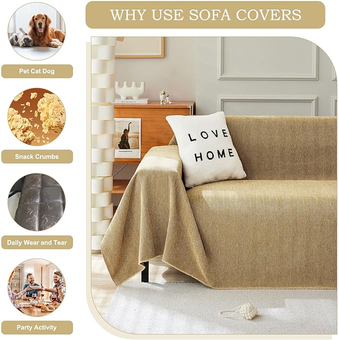 STACYPIK Wear-Resistant Chenille Yellow Sofa Cover, Couch Cover for Dogs, Washable Pets Protector for 3 Cushion Couch, Sofa Covers for Loveseat, Non-Slip Sectional Cover, Throw Blanket-71X134IN
