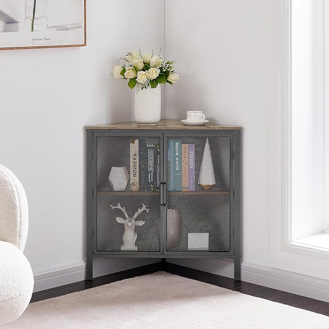VECELO Corner Cabinet/Table, 3-Tier Shelves with Protection Door, Metal Frame Storage Shelf Organizer for Small Space, Living Room, Kitchen, Bathroom, Set of 1, Grey