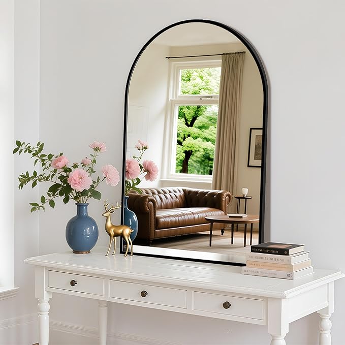 Arched Wall Mirror 24"X36", Black Bathroom Vanity Mirrors for Over Sink, Modern Farmhouse Mirror Wall Mounted, Curved Arch Design for Bedroom, Living Room & Home Decor