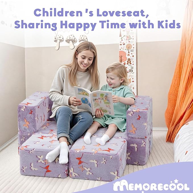 MeMoreCool Modular Kids Couch, Glow Play Toddler Couch for Bedroom Playroom, Convertible Foam Kids Sofa Bed, Fold Out Baby Sofa for Girl Boy, Butterfly