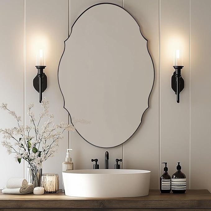 ANDY STAR Scalloped Oval Mirror for Bathroom, 24x36 Inch Matte Black Wall Vanity Mirror for Living Room,Fireplace, Rustproof Stainless Steel Metal Frame, Hang Vertical or Horizontal