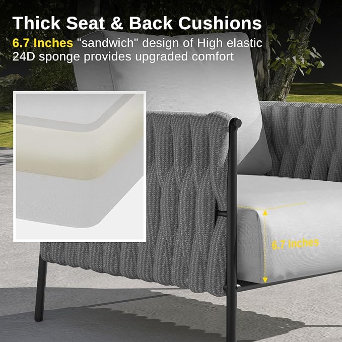 EAST OAK Life Chatter 4 Pieces Patio Furniture Set, Outdoor Furniture with Coffee Table, Patio Conversation Set Deep Seating with Thick Cushion, Backyard Porch Balcony, Earth Black & Misty Grey