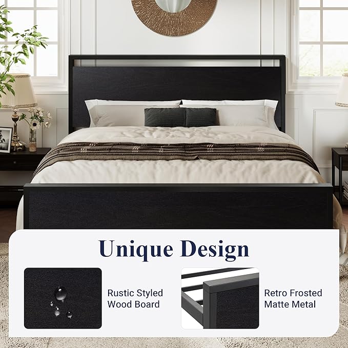Allewie King Size Platform Bed Frame with Wooden Headboard and Footboard, Heavy Duty 12 Metal Slats Support, No Box Spring Needed, Under-Bed Storage, Noise Free, Easy Assembly, Black Oak