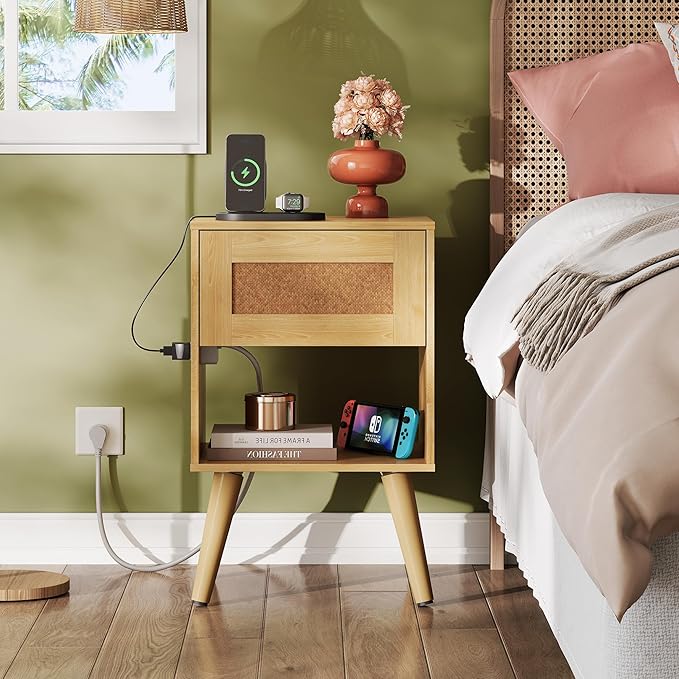 WLIVE Rattan Nightstand with Charging Station, Boho Night Stand, Small Bedroom Side Table, End Table with Drawer and Storage, Wood Bedside Tables for Bedroom, Small Spaces, Natural Oak