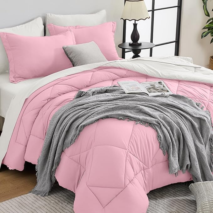 HEVUMYI Full Comforter Set - 7-Piece All Season Bed in a Bag Full, Ultra Soft Bedding Set with Comforter, Flat Sheet, Fitted Sheet, Pillowcases, Pillow Shams, Pink & Ivory