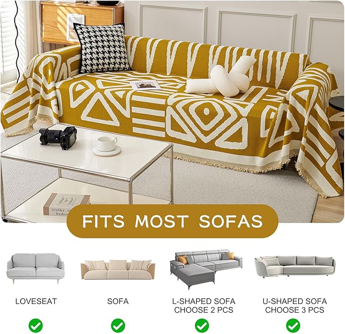 STACYPIK Mustard Yellow Boho Sofa Cover Couch Cover Reversible Jacquard Furniture Protector for 3 Cushion Couch L Shaped Sofa Slipcover Non-Silp Sofa Cushion Covers for Sectional with Tassels-91X118IN
