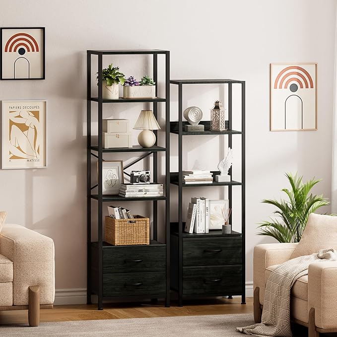 Furnulem 5-Tier Corner Shelf, Narrow Bookshelf with 2 Storage Drawers, 65.16" Tall Bookcase, Standing Shelf Organizer Unit for Living Room, Bedroom, Metal Frame, Wood Display Shelf(Black Oak)