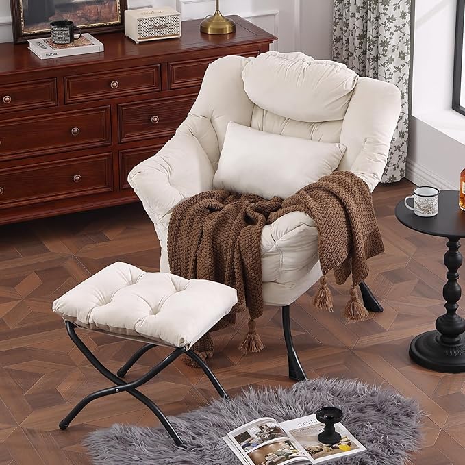 Lazy Chair with Ottoman, Modern Accent Chair with Lumbar Pillow, Comfy Chairs with Folding Footrest for Bedroom, Reading, Oversized Supportive Lounge Chairs(Velvet Beige)