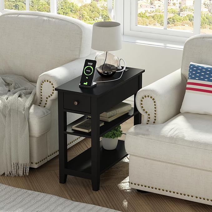 ChooChoo Black End Table Set of 2, Sofa Side Table Living Room with Charging Station,Narrow Night Stand with USB Ports & Power Outlets and Hidden Drawer