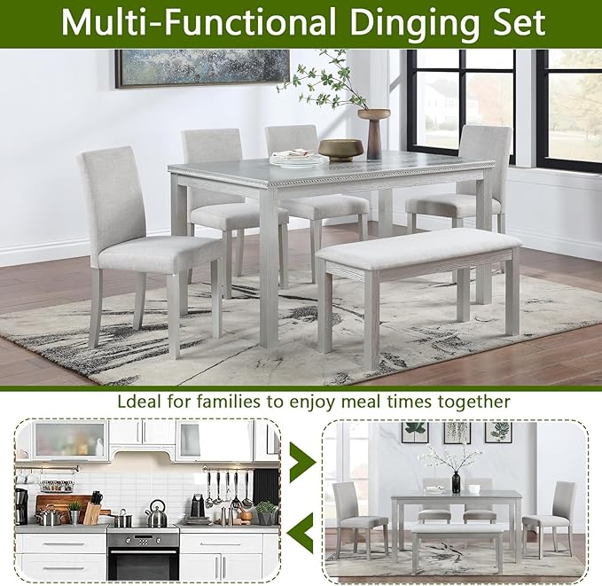 KEIKI 6-Piece Standard Height Dining Table Set with Rectangular Table, 4 Upholstered Chair, Bench, for 6 Person, Crystal Decoration Table Set, Easy Assembly, for Kitchen, Dining Room, Silver Grey