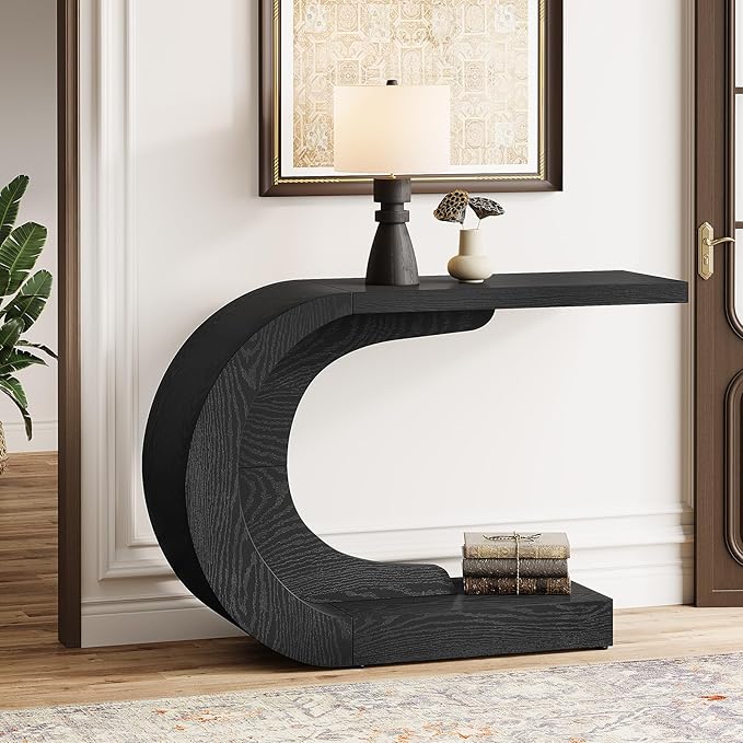 Tribesigns 43.3" Mid-Century Modern Console Table for Entryway, Wood C-Shaped Hallway Entry Accent Table for Living Room, Entrance, Foyer, Easy Assembly, Black