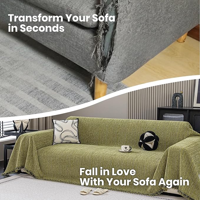 Nobildonna Sofa Cover Washable Soft Thicken Chenille Couch Cover with Tassel,Waterproof Sofa Slipcover for 3-4 Cushion Couch,Sectional Sofa,L-Shaped Furniture Protector Pet-Friendly,Green 71"x134"