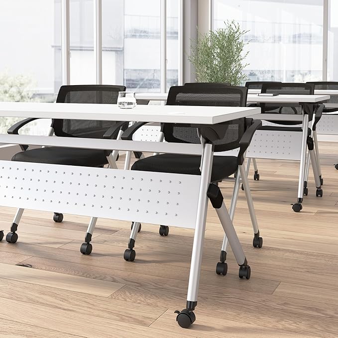 Bush Business Furniture Folding Training Table, 60 inch Desk with Powered Grommets, Commercial-Grade Bundle for Office or Classroom, Envision Collection, White