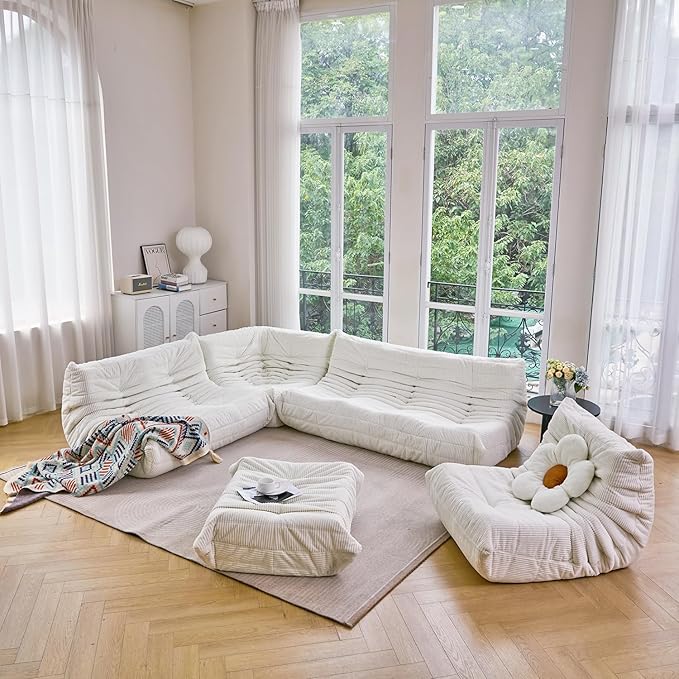 N&V Fireside Three Seater Sofa, Mid Century Armless Twin Size Floor Sofa, Soft Premium Corduroy Floor Lounge Chair, Foam Sofa Accent Chair for Living Room, Bedroom (Frost Grey)
