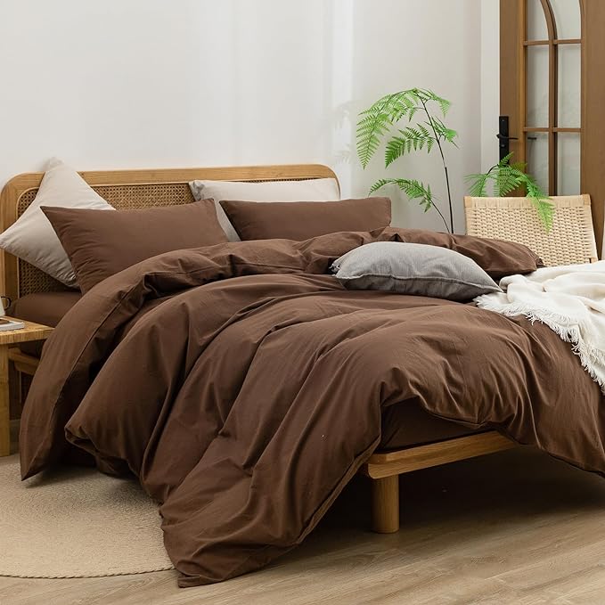 BESTOUCH Duvet Cover Set 100% Washed Cotton Linen Feel Super Soft Comfortable Chic Lightweight 3 PCs Home Bedding Set Solid Cocoa Brown Super King