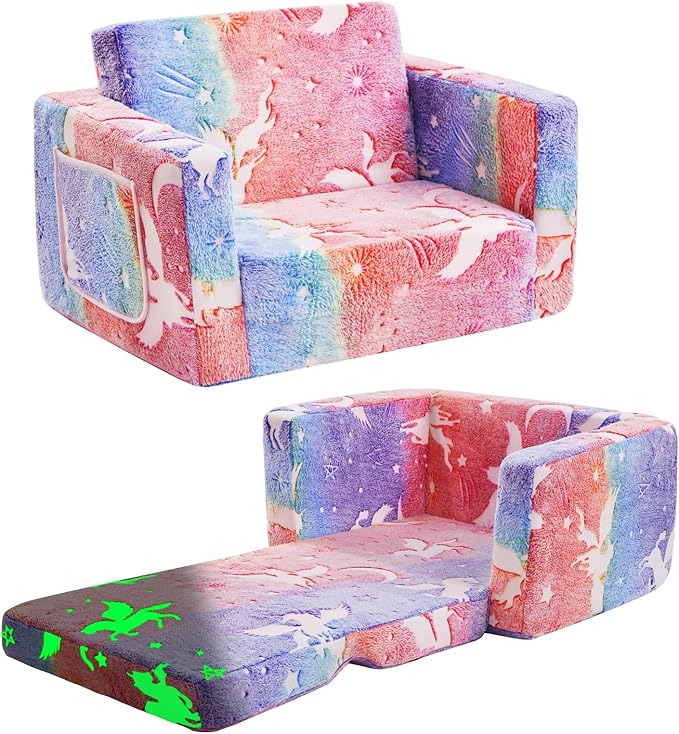 Toddler Chair Comfy,2-in-1 Soft Toddler Couch Fold Out for Kids,Convertible Sofa to Lounger,Gift for Girls and Boys Birthday,Elf,Medium